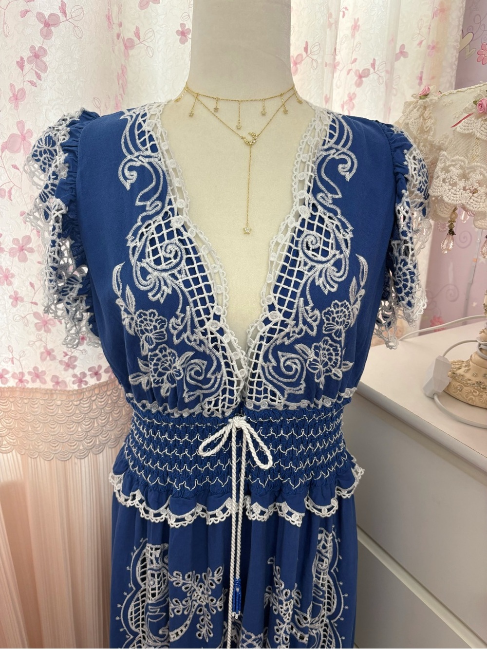 Farm Rio Blue Romantic Richelieu Maxi Dress - Picture 3 of 8